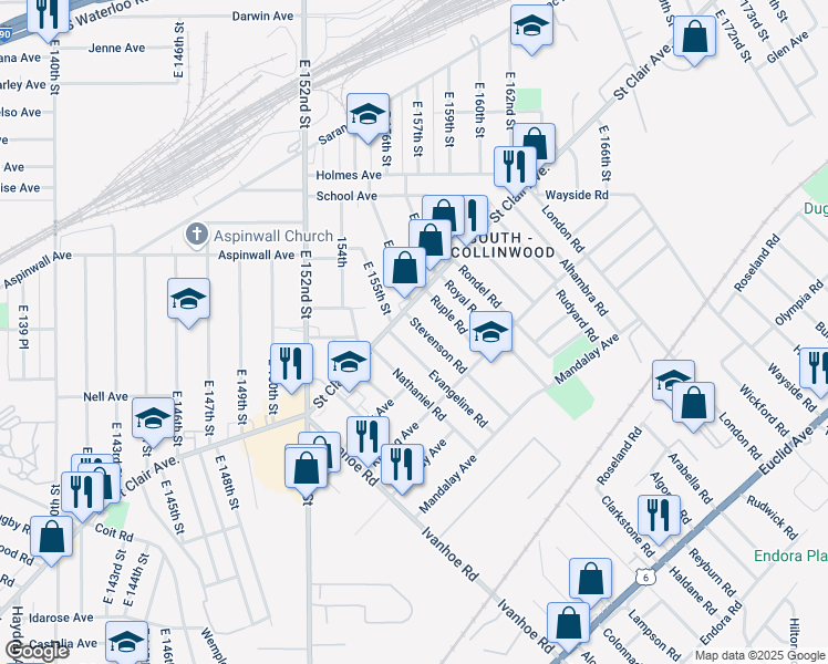 map of restaurants, bars, coffee shops, grocery stores, and more near 885 Evangeline Road in Cleveland