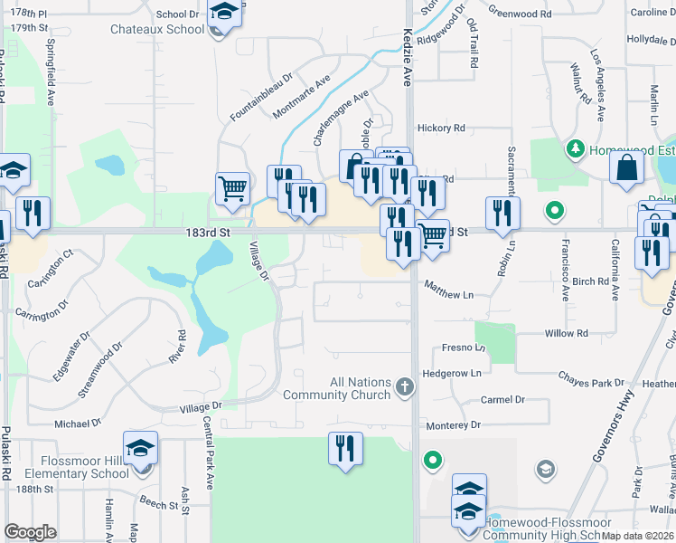 map of restaurants, bars, coffee shops, grocery stores, and more near 3334 West 184th Street in Homewood