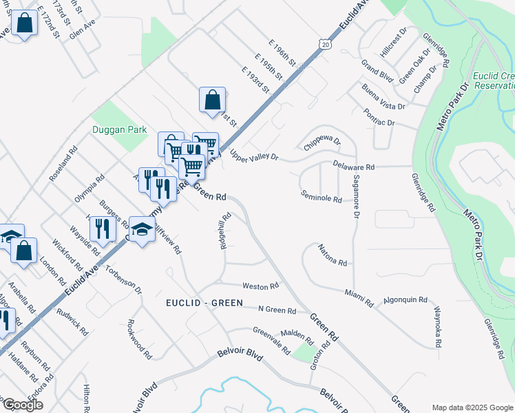 map of restaurants, bars, coffee shops, grocery stores, and more near 1939 Green Road in Cleveland