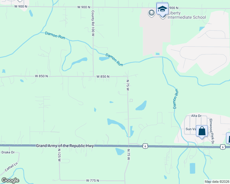 map of restaurants, bars, coffee shops, grocery stores, and more near 836 North 75 West in Valparaiso