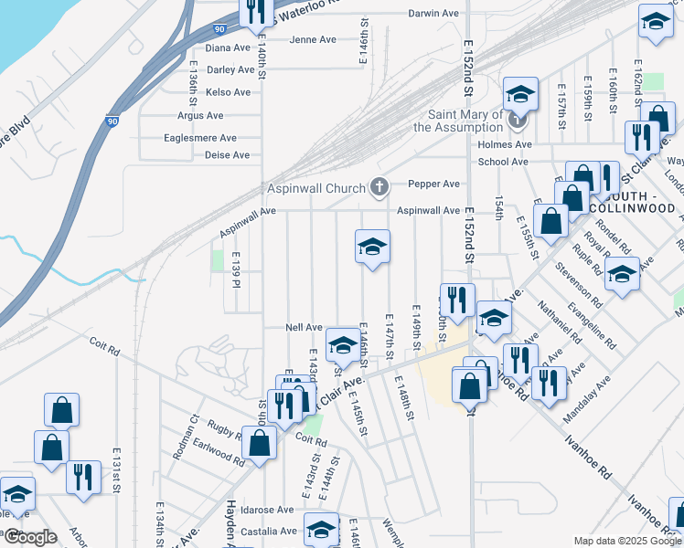 map of restaurants, bars, coffee shops, grocery stores, and more near 868 East 144th Street in Cleveland