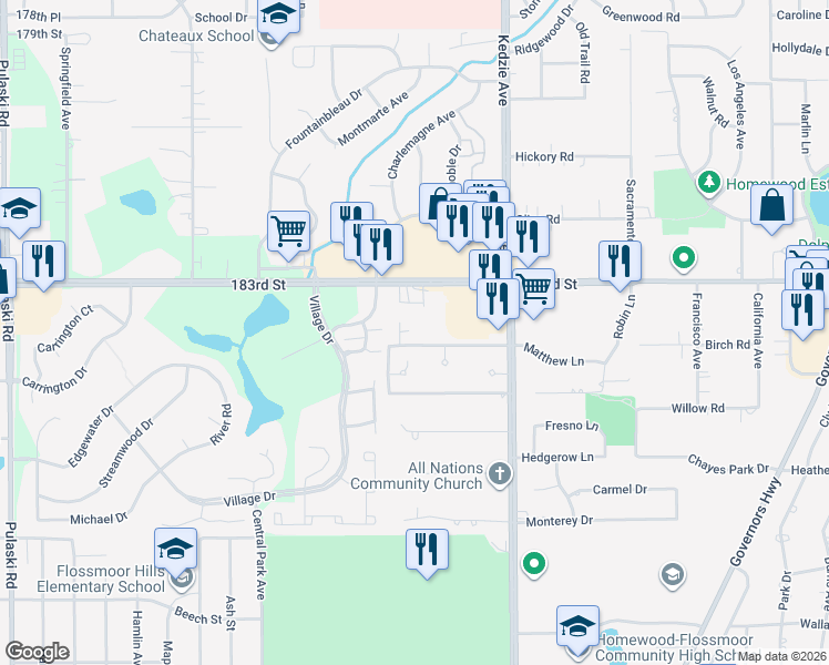 map of restaurants, bars, coffee shops, grocery stores, and more near 3356 184th Street in Homewood