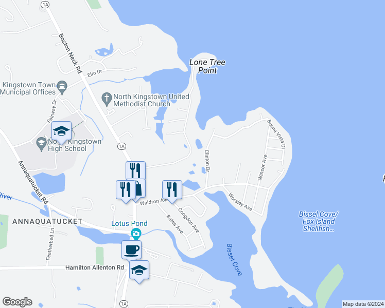 map of restaurants, bars, coffee shops, grocery stores, and more near 139 Earle Drive in North Kingstown