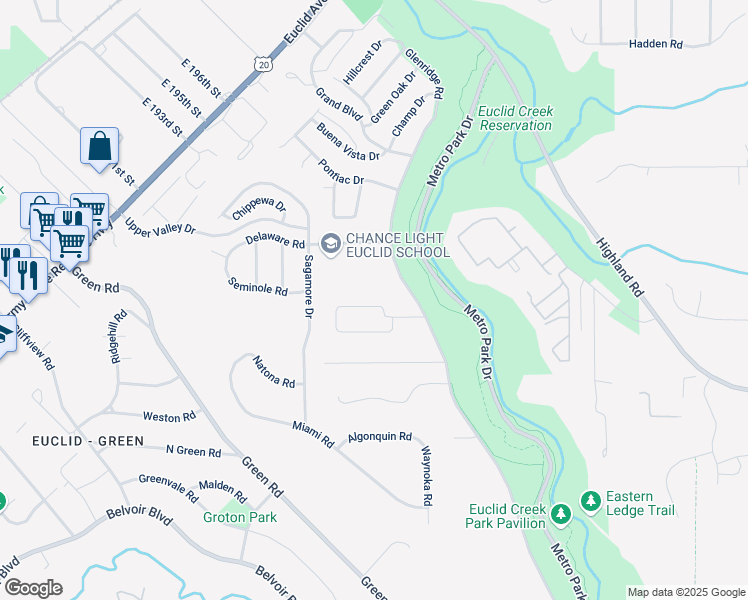 map of restaurants, bars, coffee shops, grocery stores, and more near 20281 Major Drive in Euclid