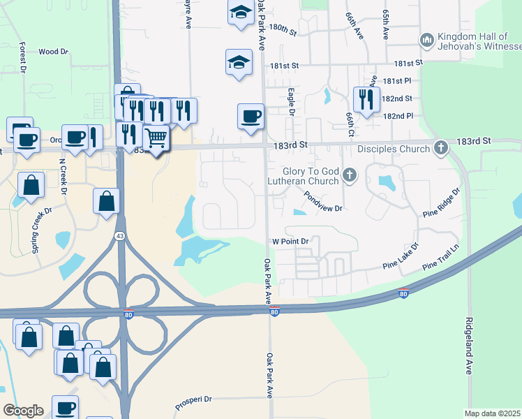 map of restaurants, bars, coffee shops, grocery stores, and more near 18475 Zurich Lane in Tinley Park