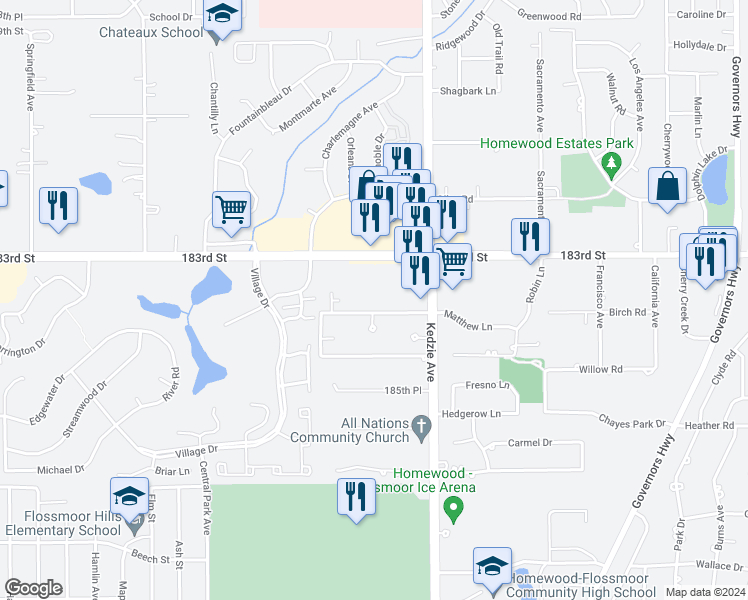 map of restaurants, bars, coffee shops, grocery stores, and more near 3232 184th Street in Homewood