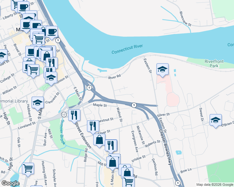 map of restaurants, bars, coffee shops, grocery stores, and more near 44 Walnut Street in Middletown