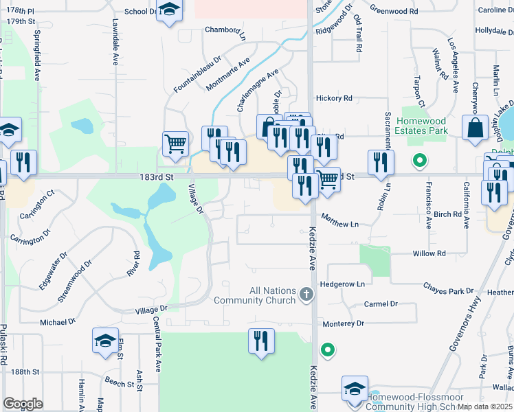 map of restaurants, bars, coffee shops, grocery stores, and more near 3348 184th Street in Homewood