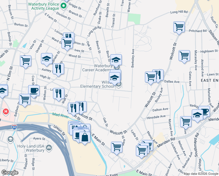 map of restaurants, bars, coffee shops, grocery stores, and more near 233 Wall Street in Waterbury