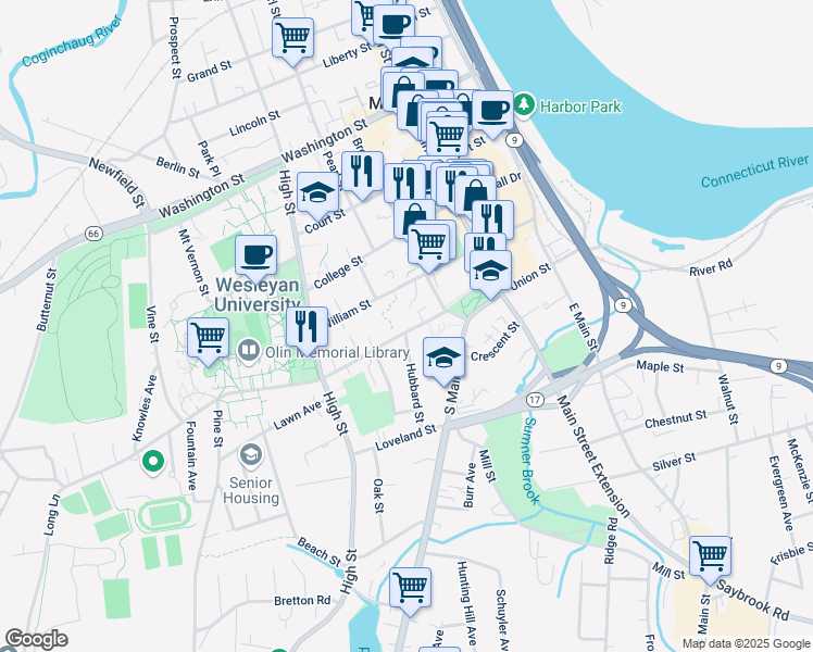 map of restaurants, bars, coffee shops, grocery stores, and more near 2 Traverse Square in Middletown