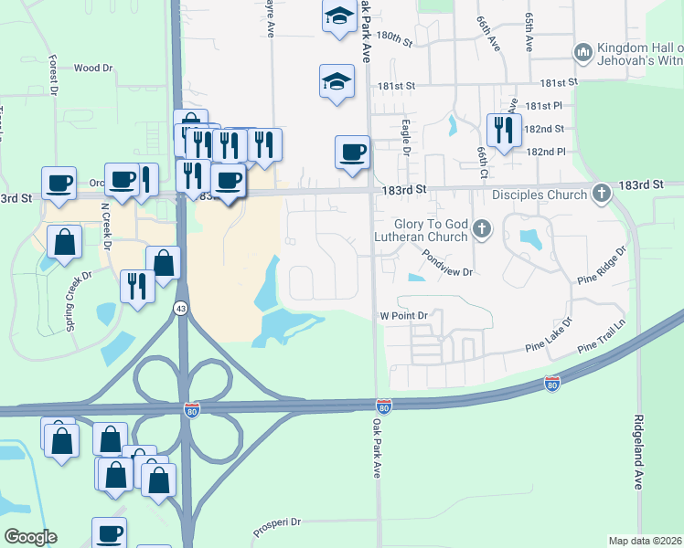 map of restaurants, bars, coffee shops, grocery stores, and more near 18471 Millennium Drive in Tinley Park