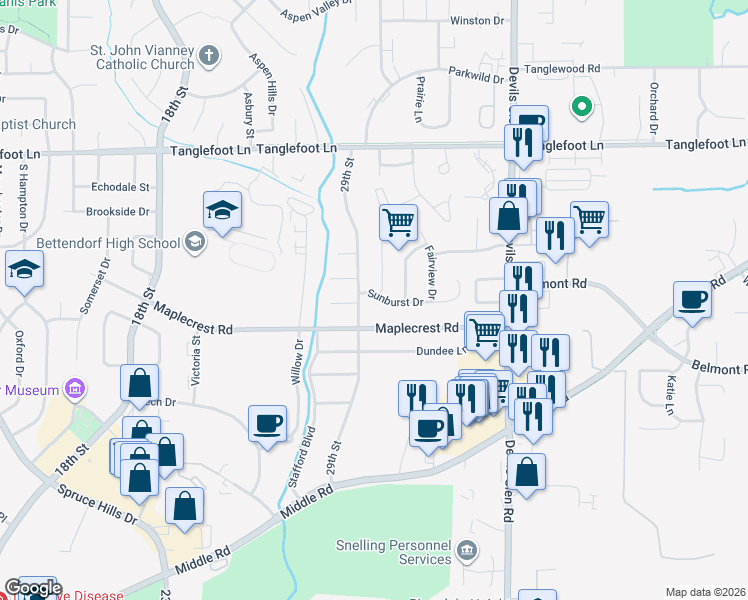 map of restaurants, bars, coffee shops, grocery stores, and more near 3041 Sunburst Drive in Bettendorf