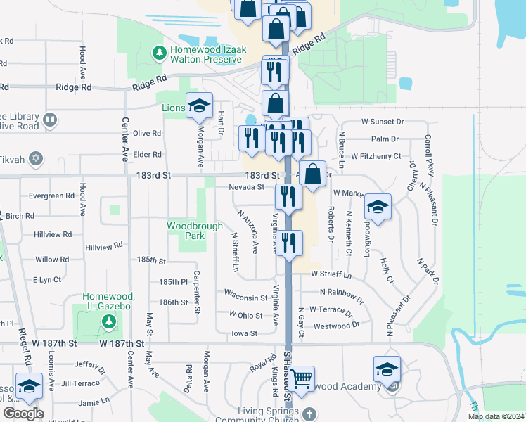 map of restaurants, bars, coffee shops, grocery stores, and more near 1034 West Indiana Street in Glenwood