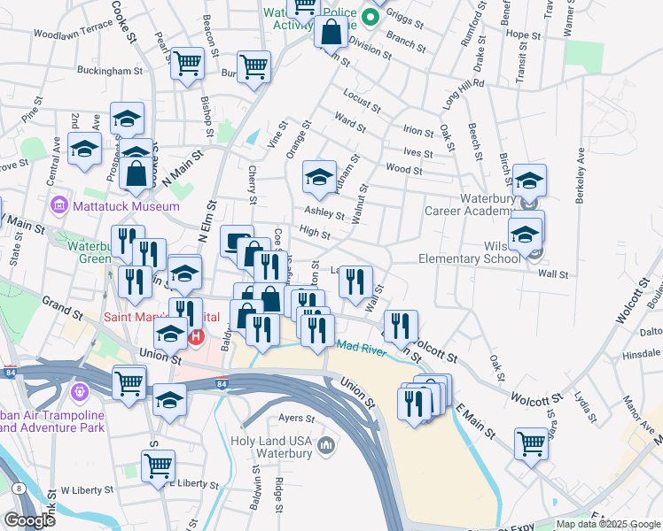 map of restaurants, bars, coffee shops, grocery stores, and more near 19 Laurel Street in Waterbury