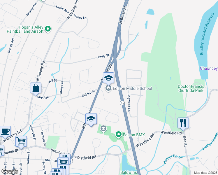 map of restaurants, bars, coffee shops, grocery stores, and more near 1355 North Broad Street in Meriden