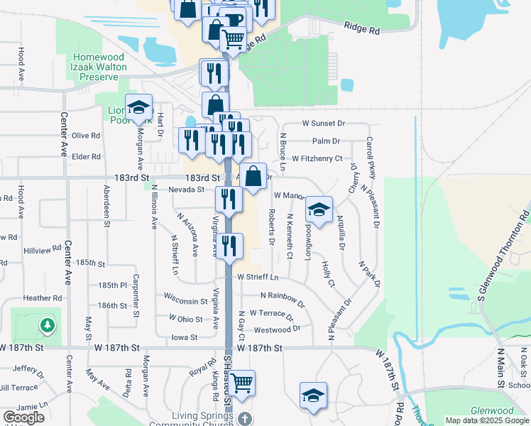 map of restaurants, bars, coffee shops, grocery stores, and more near 440 Roberts Drive in Glenwood