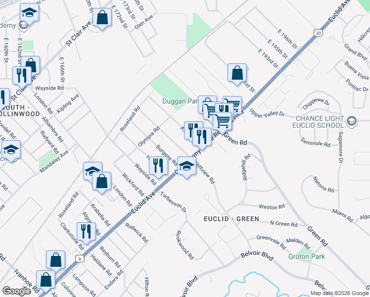 map of restaurants, bars, coffee shops, grocery stores, and more near 1765 Cliffview Road in Cleveland