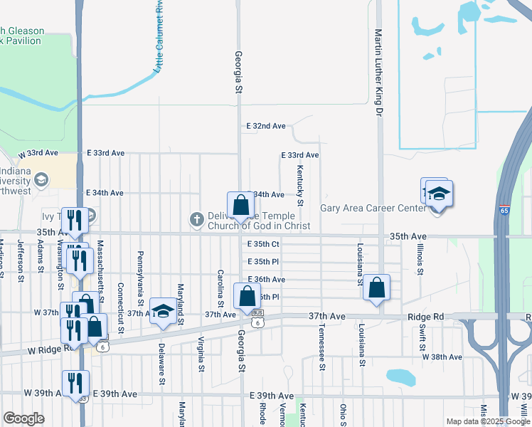 map of restaurants, bars, coffee shops, grocery stores, and more near 3431 Rhode Island Street in Gary