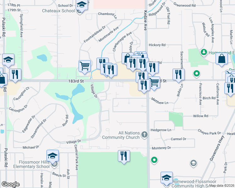 map of restaurants, bars, coffee shops, grocery stores, and more near 3334 West 184th Street in Homewood