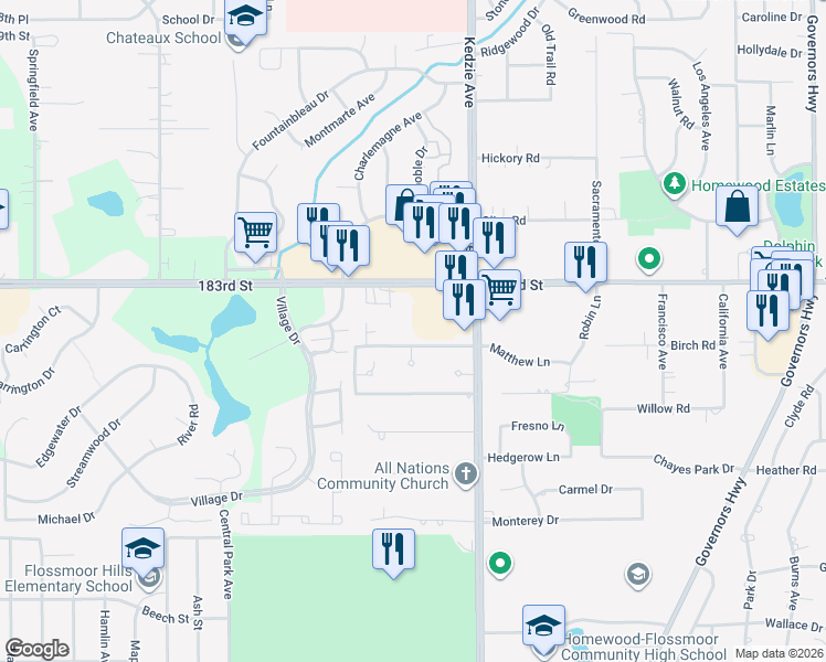 map of restaurants, bars, coffee shops, grocery stores, and more near 3232 West 184th Street in Homewood