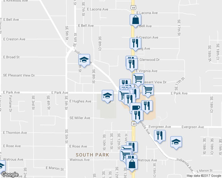 map of restaurants, bars, coffee shops, grocery stores, and more near 3140 Indianola Avenue in Des Moines