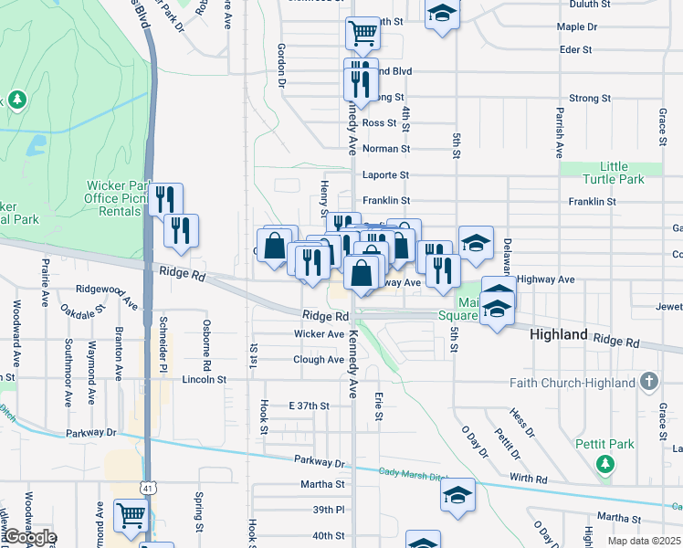 map of restaurants, bars, coffee shops, grocery stores, and more near 2739 Highway Avenue in Highland