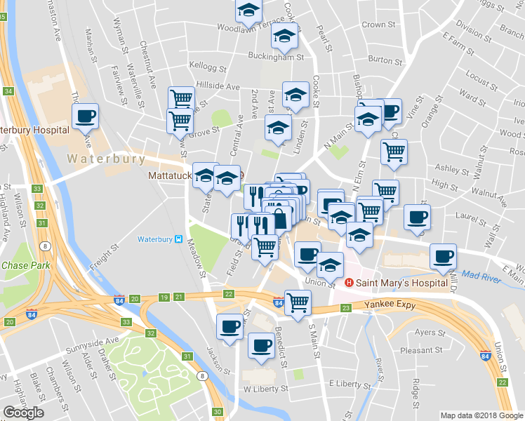 map of restaurants, bars, coffee shops, grocery stores, and more near 55 West Main Street in Waterbury