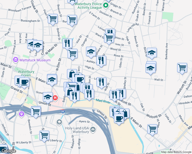 map of restaurants, bars, coffee shops, grocery stores, and more near 25 Laurel Street in Waterbury