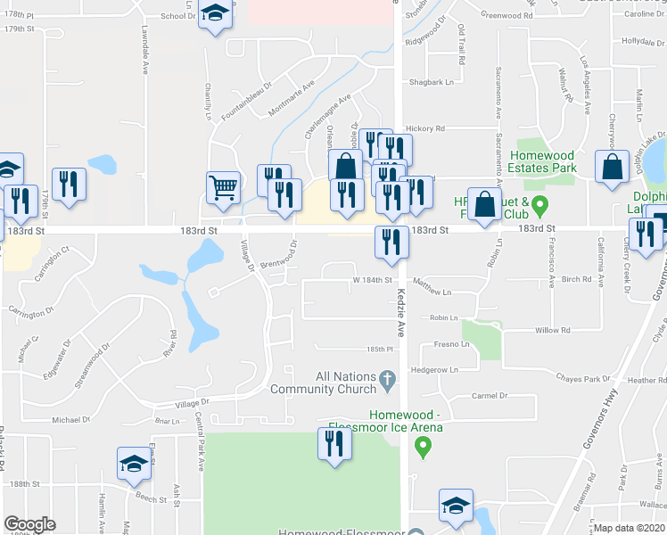 map of restaurants, bars, coffee shops, grocery stores, and more near 3334 West 184th Street in Homewood
