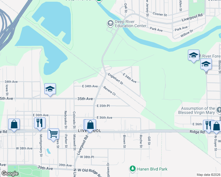 map of restaurants, bars, coffee shops, grocery stores, and more near 3420 Revere Court in Lake Station