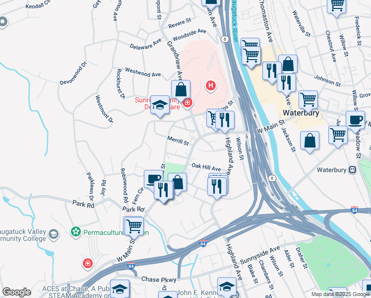 map of restaurants, bars, coffee shops, grocery stores, and more near 25 Merrill Street in Waterbury