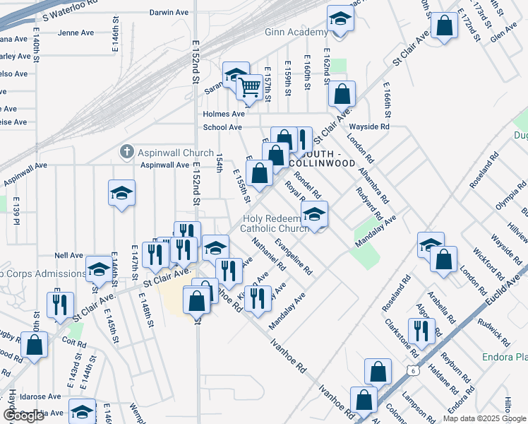 map of restaurants, bars, coffee shops, grocery stores, and more near 885 Evangeline Road in Cleveland