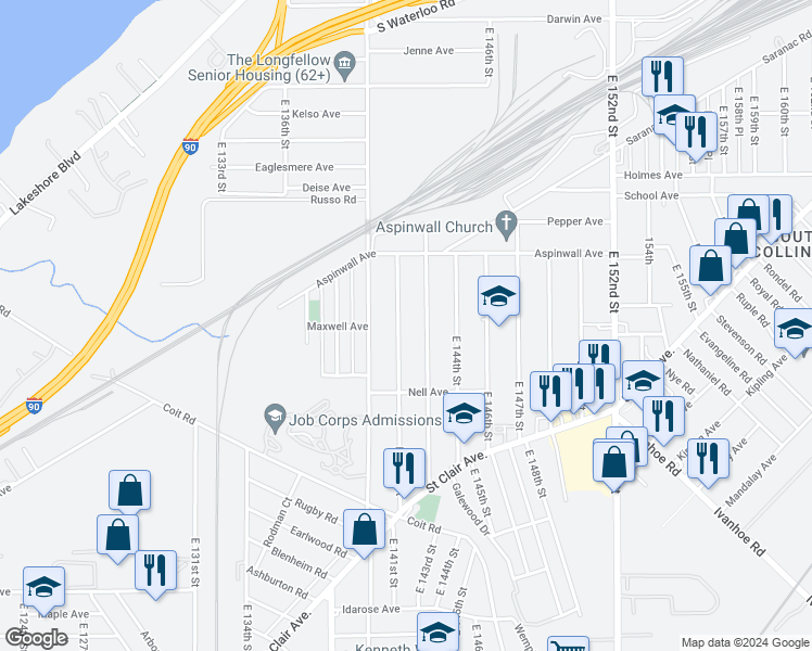 map of restaurants, bars, coffee shops, grocery stores, and more near 871 East 141st Street in Cleveland