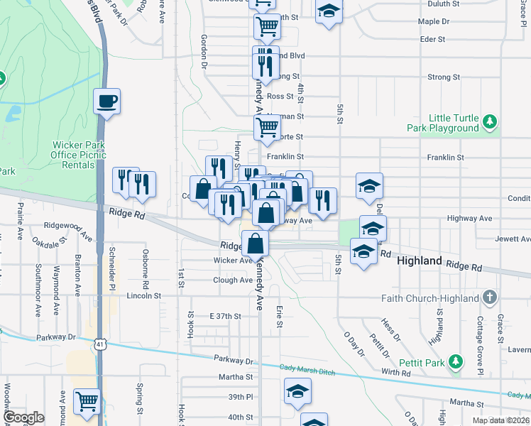 map of restaurants, bars, coffee shops, grocery stores, and more near 8638 Kennedy Avenue in Highland