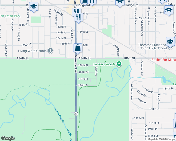 map of restaurants, bars, coffee shops, grocery stores, and more near 2444 187th Street in Lansing