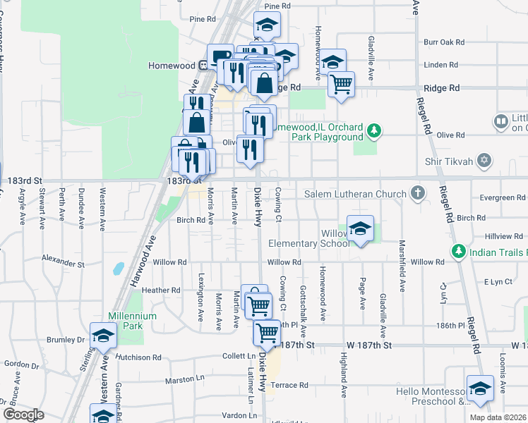 map of restaurants, bars, coffee shops, grocery stores, and more near 1945 Evergreen Road in Homewood