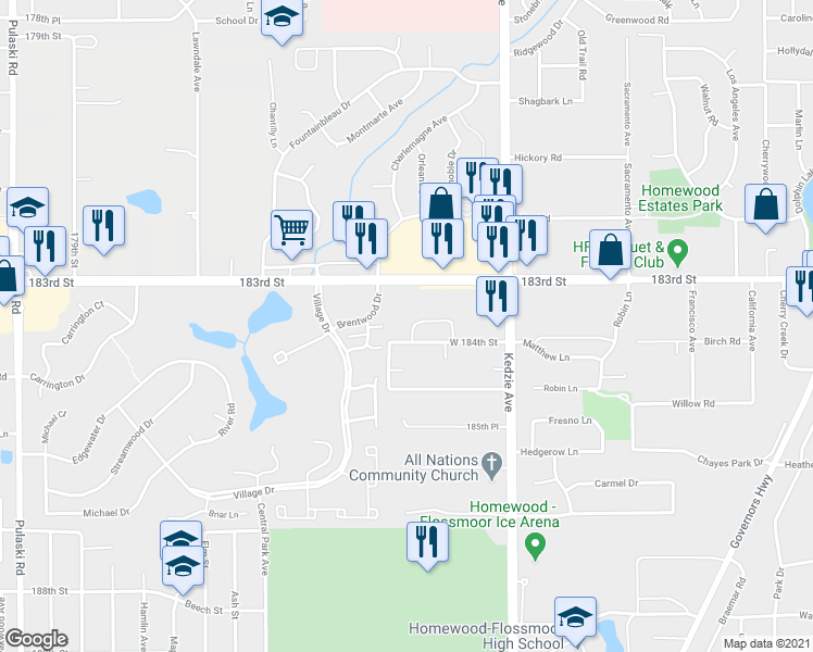 map of restaurants, bars, coffee shops, grocery stores, and more near 3334 West 184th Street in Homewood