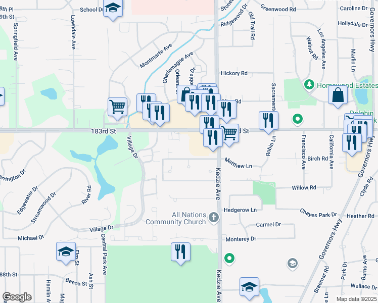 map of restaurants, bars, coffee shops, grocery stores, and more near 3232 West 184th Street in Homewood