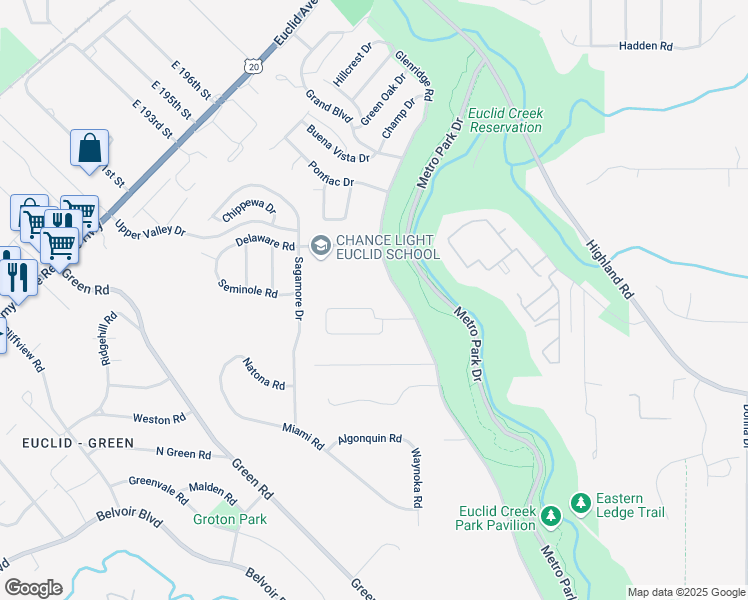 map of restaurants, bars, coffee shops, grocery stores, and more near 20281 Major Drive in Euclid