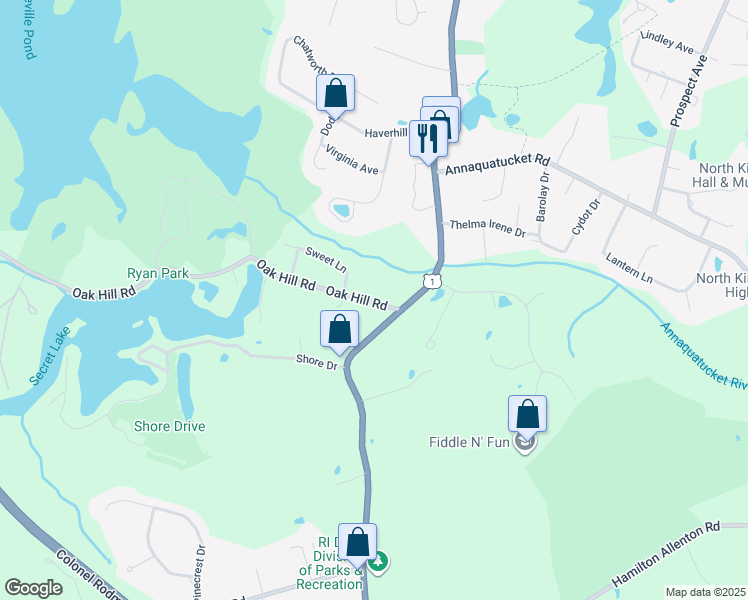 map of restaurants, bars, coffee shops, grocery stores, and more near 31 Oak Hill Road in North Kingstown