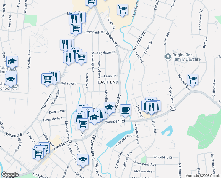 map of restaurants, bars, coffee shops, grocery stores, and more near in Waterbury