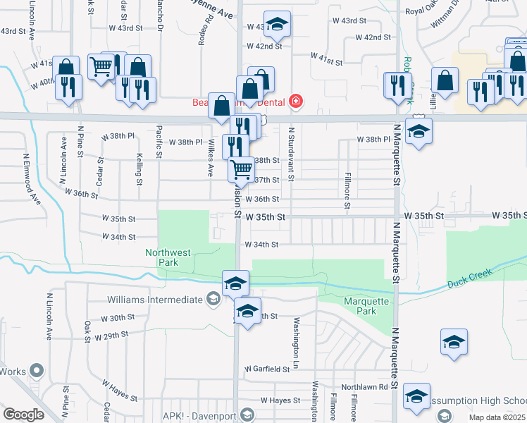 map of restaurants, bars, coffee shops, grocery stores, and more near 1642 West 35th Street in Davenport
