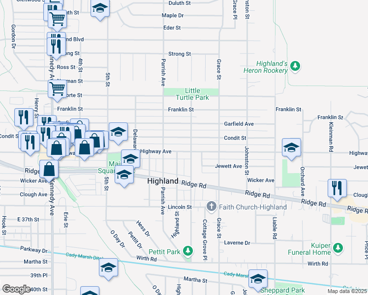 map of restaurants, bars, coffee shops, grocery stores, and more near 3241 Highway Avenue in Highland
