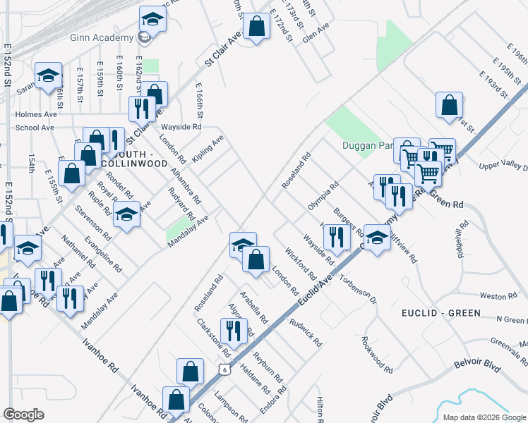 map of restaurants, bars, coffee shops, grocery stores, and more near 1636 Wayside Road in Cleveland