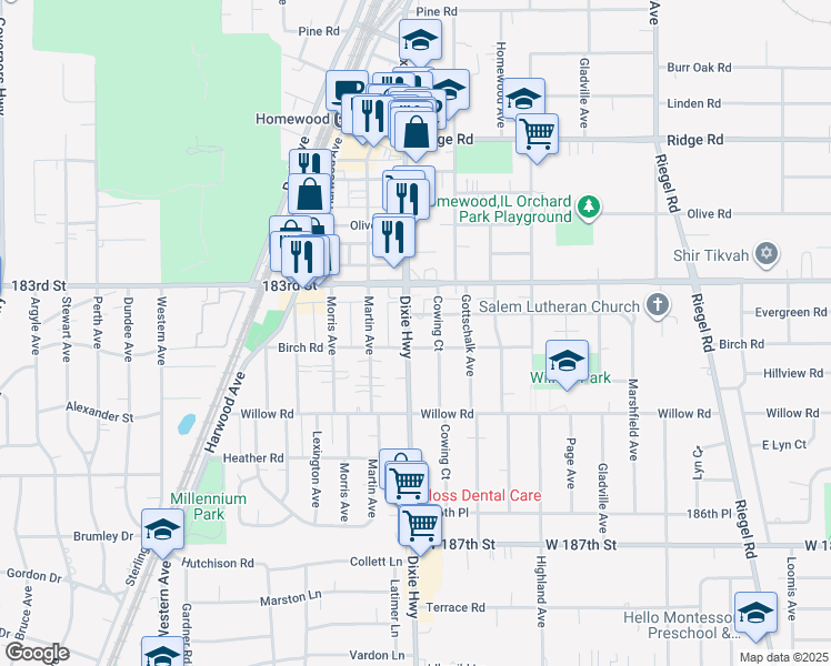 map of restaurants, bars, coffee shops, grocery stores, and more near 1945 Evergreen Road in Homewood