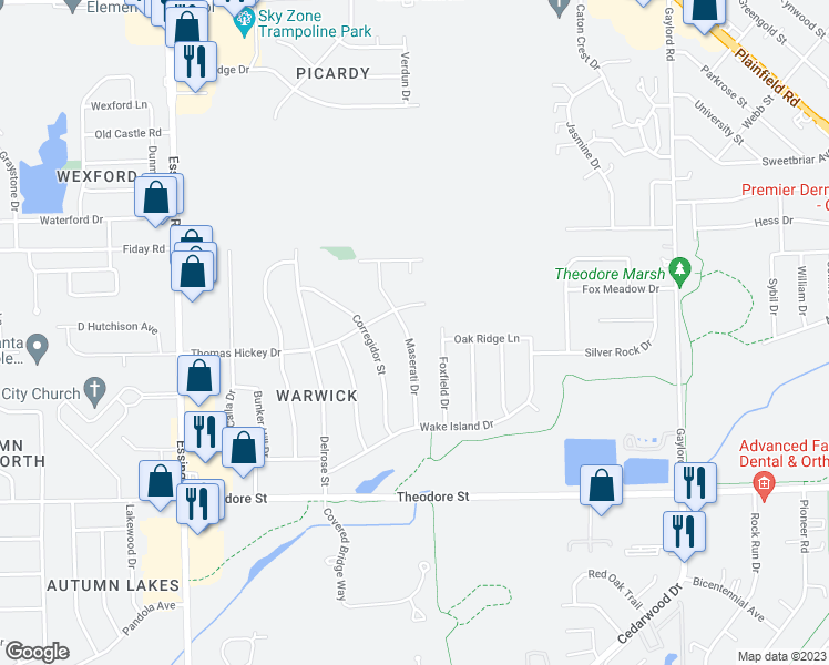 map of restaurants, bars, coffee shops, grocery stores, and more near 1812 Maserati Drive in Joliet