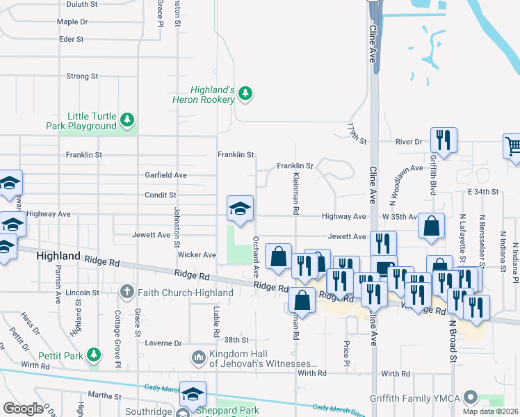 map of restaurants, bars, coffee shops, grocery stores, and more near 3705 Highway Avenue in Highland