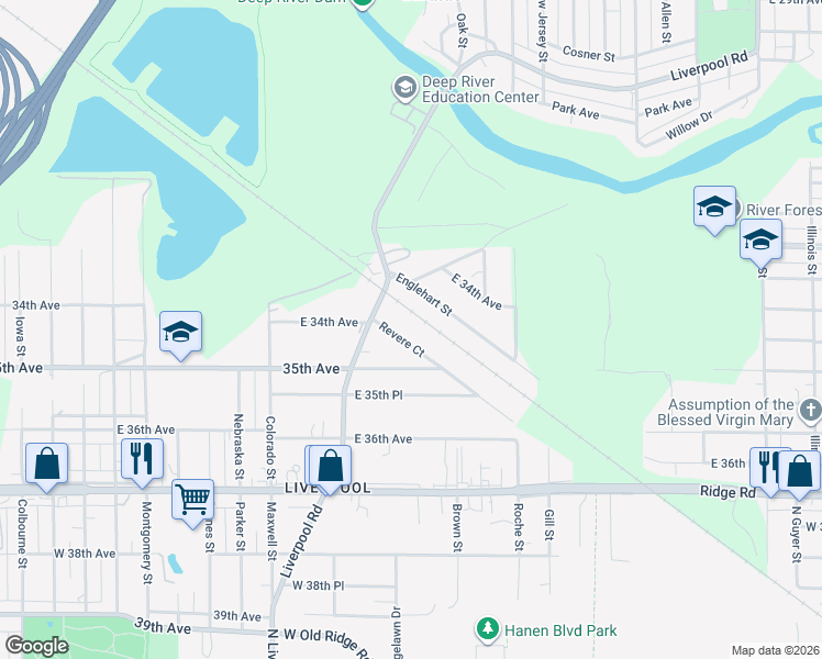 map of restaurants, bars, coffee shops, grocery stores, and more near 3420 Revere Court in Lake Station