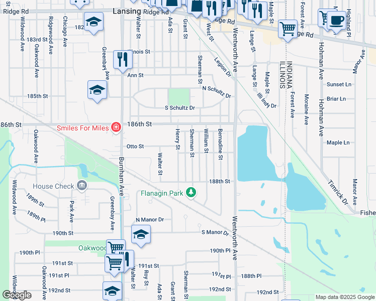 map of restaurants, bars, coffee shops, grocery stores, and more near 18657 Henry Street in Lansing