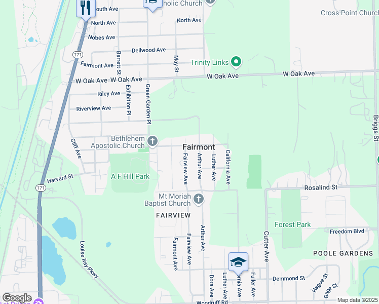 map of restaurants, bars, coffee shops, grocery stores, and more near 2215 Fairview Avenue in Lockport